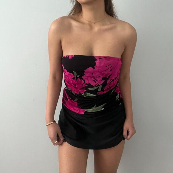 Vintage Eclipse Black Mesh Ruched-Side Tube Top with Floral Prints – Size L - Picture 1 of 8
